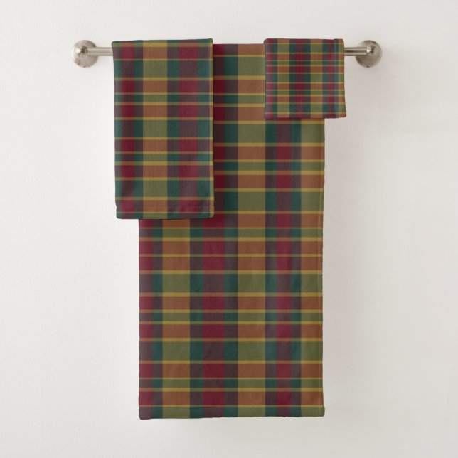Gold Red And Green Christmas Plaid Print Bath Towel Set (Insitu)