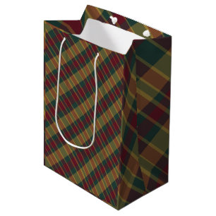 Gold Red And Green Christmas Plaid Print Medium Gift Bag