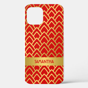 Gold Red Art Deco Geometric Personalized Name iPhone 12 Case