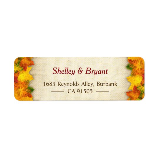 Gold Red Autumn Leaves Rustic Burlap Seasonal Return Address Label