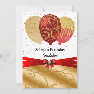 Gold, Red Balloons & Silk Ribbon 50th Birthday Invitation