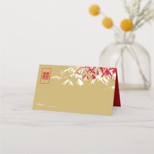Gold & Red Bamboo Leaves Double Xi Chinese Wedding Place Card