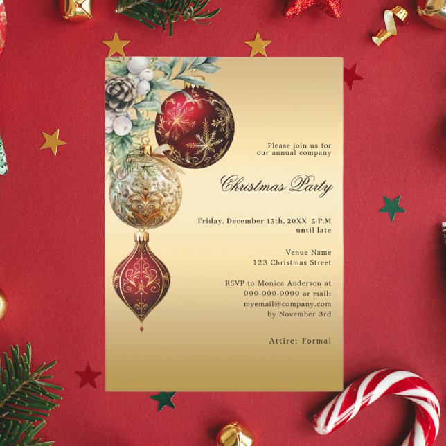 Gold red baubles business Christmas Party Invitation (Creator Uploaded)