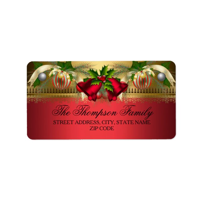 Gold Red bells & Baubles Christmas Address Labels (Front)