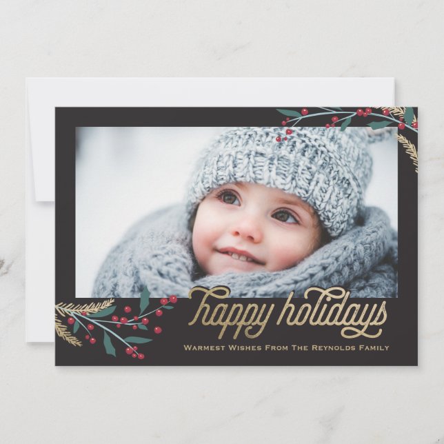 Gold Red Berries Frame | Happy Holidays Holiday Card (Front)