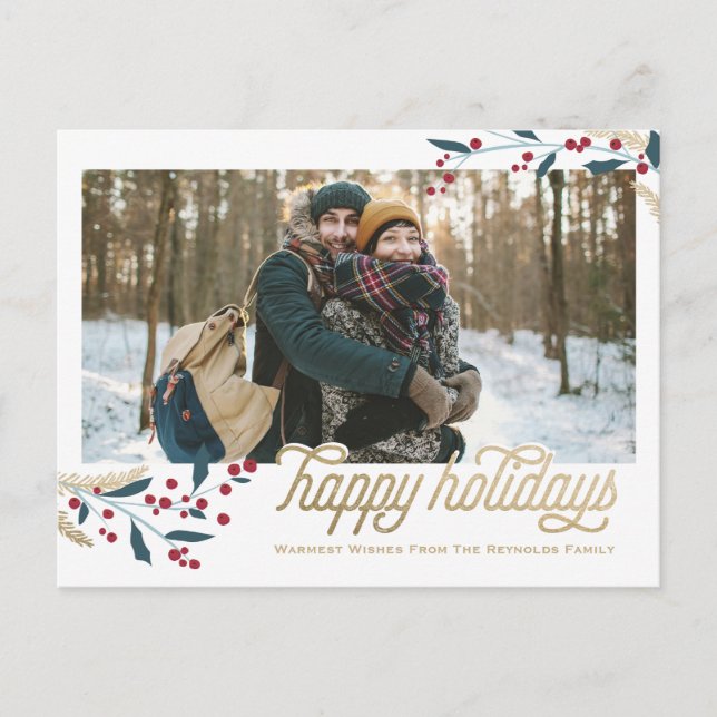 Gold Red Berries Photo Frame | Happy Holidays Postcard (Front)