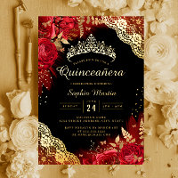 Gold Red Black Floral Lace Quinceanera 