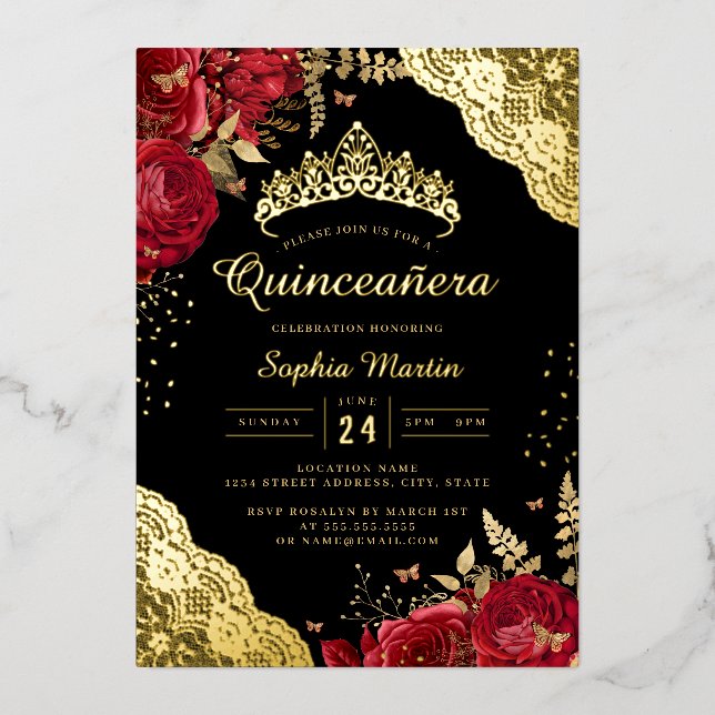 Gold Red Black Floral Lace Quinceanera  (Front)