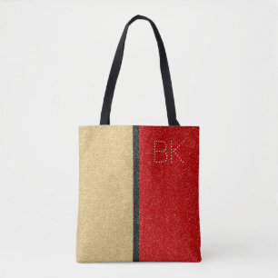 Gold Red Black Glitter Chic Monogram Personalized Tote Bag