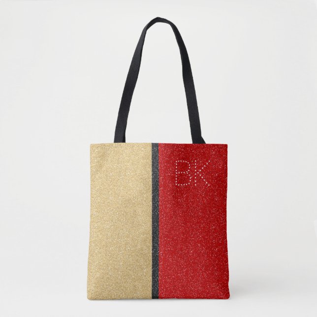 Gold Red Black Glitter Chic Monogram Personalized Tote Bag (Front)