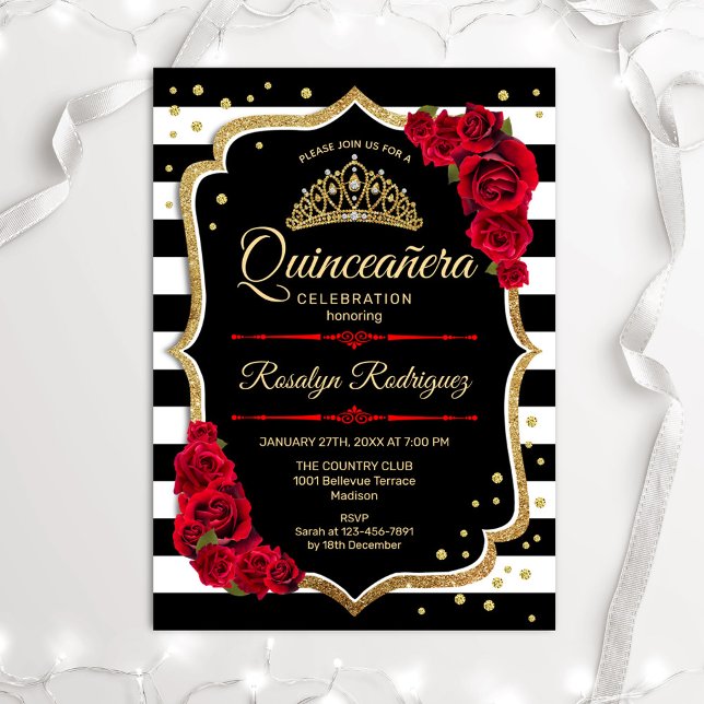 Gold Red Black White Stripes Quinceanera Invitation (Creator Uploaded)