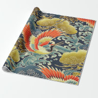 Gold Red Blue Japanese Kimono Floral Decoupage 