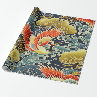 Gold Red Blue Japanese Kimono Floral Decoupage Wrapping Paper