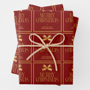 Gold & Red Bow Custom Family Name Christmas Wrapping Paper Sheet