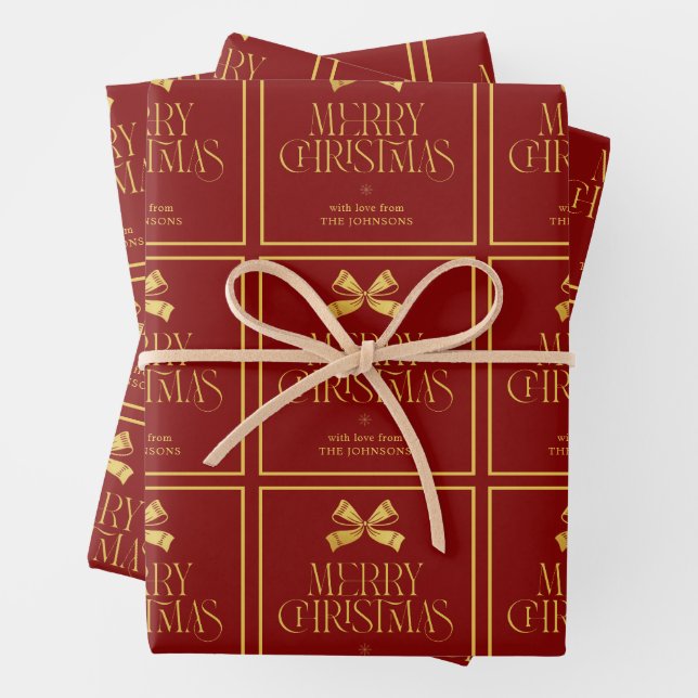 Gold & Red Bow Custom Family Name Christmas Wrapping Paper Sheet (In situ)
