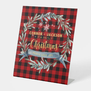 Gold & Red Buffalo Plaid Family Christmas Wreath Pedestal Sign