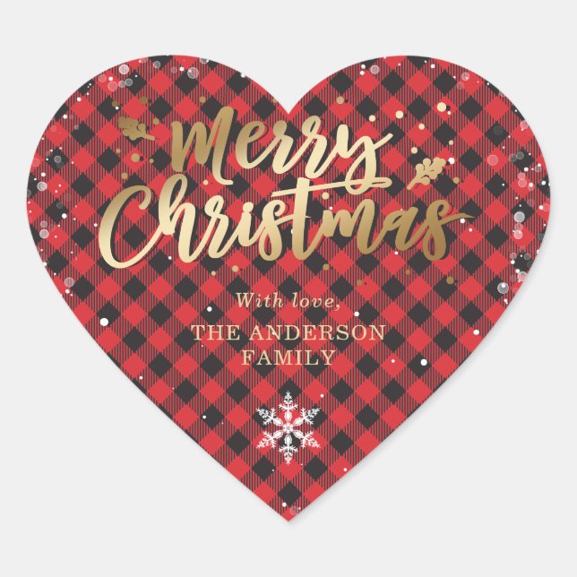 Gold Red Buffalo Plaid Snowflake Merry Christmas Heart Sticker (Front)