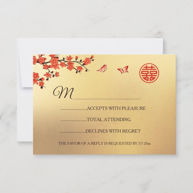  Gold Red Cherry Blossom  RSVP Chinese Wedding Card (Front)
