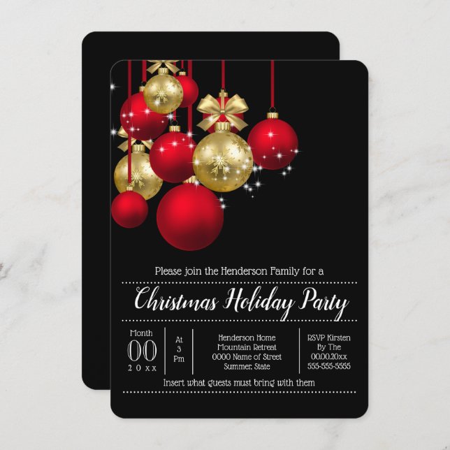 Gold red Christmas baubles holiday party chic Invitation (Front/Back)
