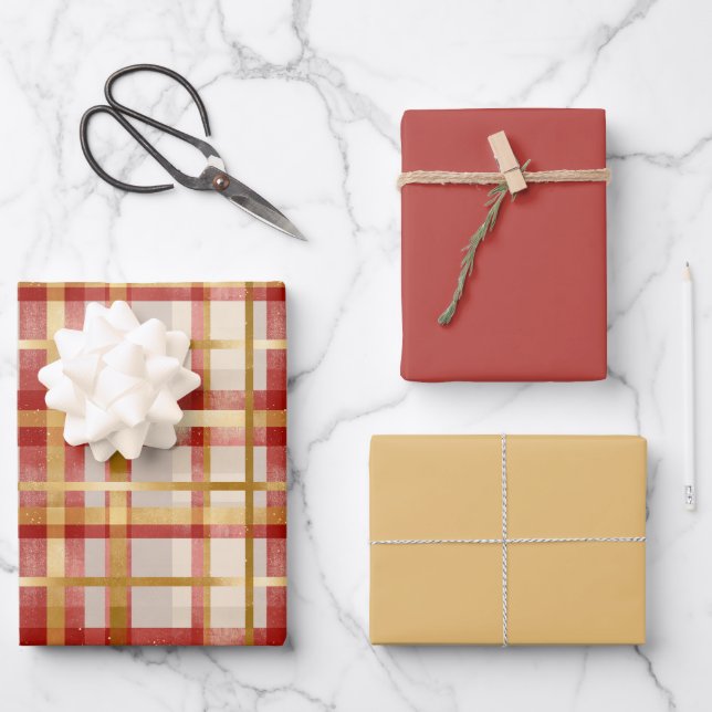 Gold Red Christmas Plaid Wrapping Paper Sheet (Front)