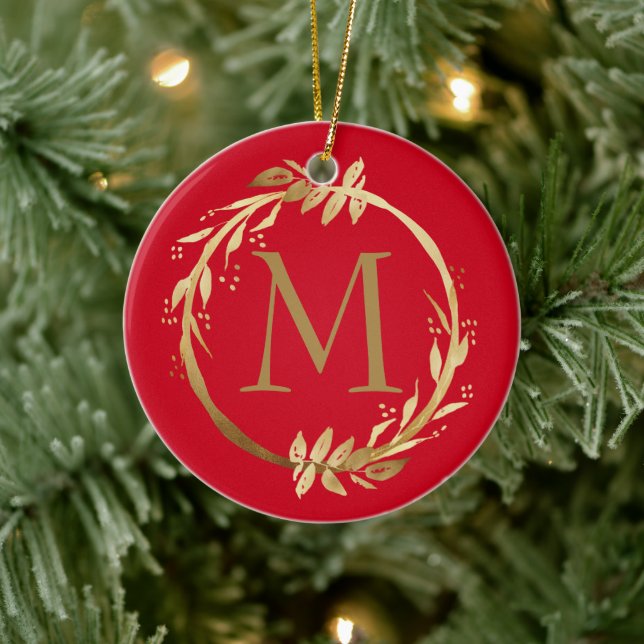 Gold Red Christmas Wreath Monogram & Family Photo Ceramic Ornament (Tree)