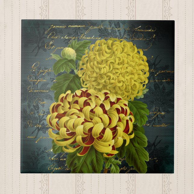 Gold Red Chrysanthemums on Teal Damask n Writing Tile (Creator Uploaded)