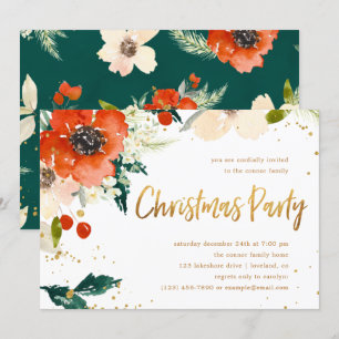Gold & Red Classic, Modern Floral Christmas Party Invitation
