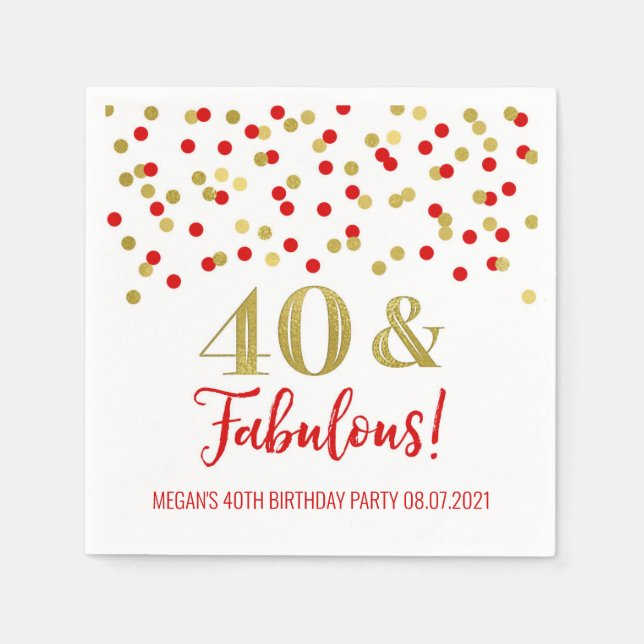 Gold Red Confetti 40 & Fabulous Birthday Napkin (Front)