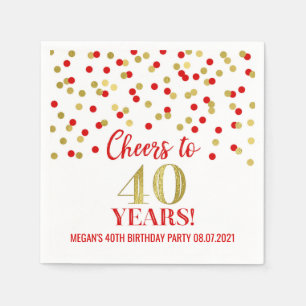 Gold Red Confetti Cheers to 40 Years Birthday Napkin