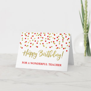 Gold Red Confetti Enseignant Carte d'anniversaire