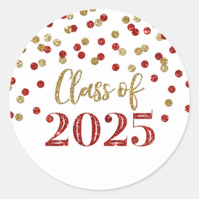 Gold Red Confetti Graduation 2025 Classic Round Sticker (Front)