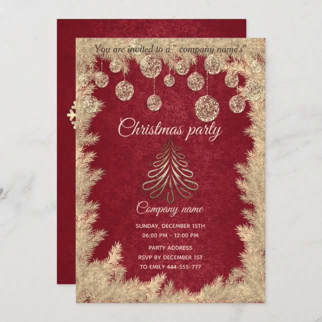 Gold red corporate Christmas party Invitation (Front/Back)