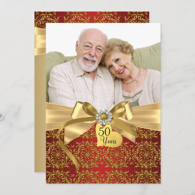 Gold Red Damask & Bow Photo 50th Anniversary Invitation (Front/Back)