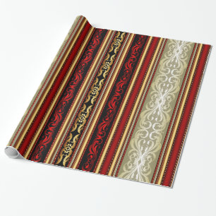 Gold, Red Damask Victorian Stripe Wrapping Paper