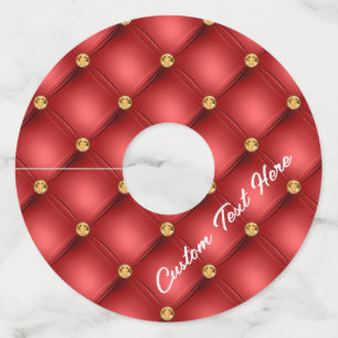 Gold Red Diamond Tufted Leather Custom Text Name Wine Glass Tag