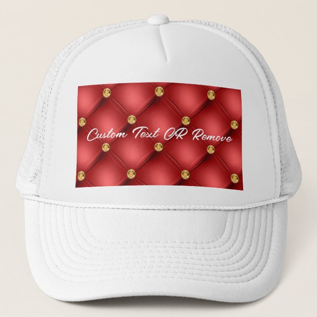 Gold Red Diamond Tufted Leather Your Text Name Trucker Hat (Front)