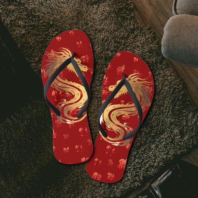 Gold Red Dragon 龍 Chinese New Year Gift  Flip Flops (Creator Uploaded)