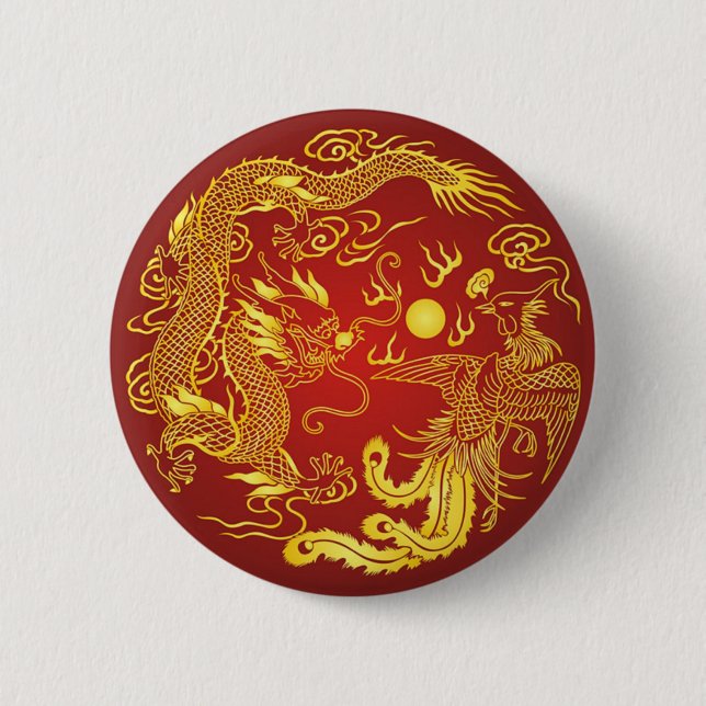 Gold Red Dragon Phoenix Chinese Wedding Favour 2 Inch Round Button (Front)
