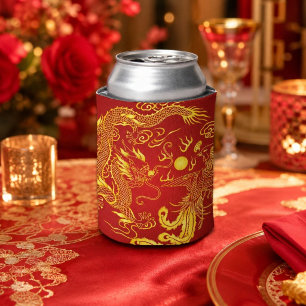 Gold Red Dragon Phoenix Chinese Wedding Favour Can Cooler