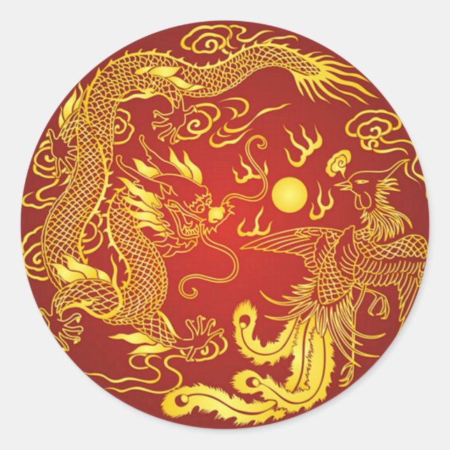 Gold Red Dragon Phoenix Chinese Wedding Favour Classic Round Sticker (Front)