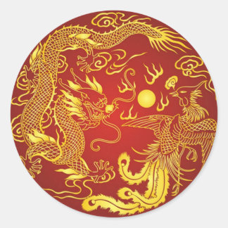 Gold Red Dragon Phoenix Chinese Wedding Favour Classic Round Sticker