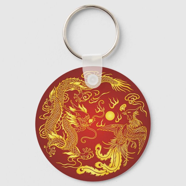 Gold Red Dragon Phoenix Chinese Wedding Favour Keychain (Front)