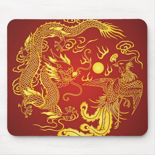 Gold Red Dragon Phoenix Chinese Wedding Favour Mouse Pad (Front)