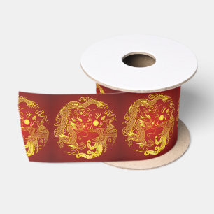 Gold Red Dragon Phoenix Chinese Wedding Favour Satin Ribbon