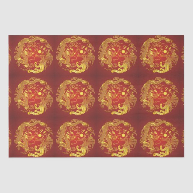 Gold Red Dragon Phoenix Chinese Wedding Favour Tissue Paper (Front)