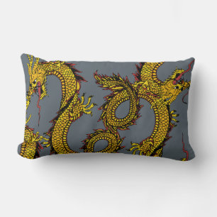 Gold & Red Dragons on Grey Lumbar Pillow