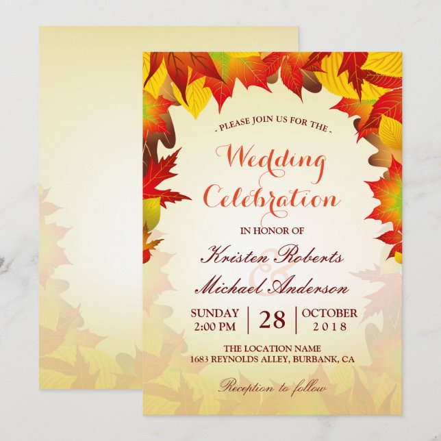 Gold Red Fall Leaves | Autumn Wedding Celebration Invitation (Front/Back)