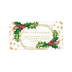 Gold Red Family Merry Christmas Holly Glitter Label