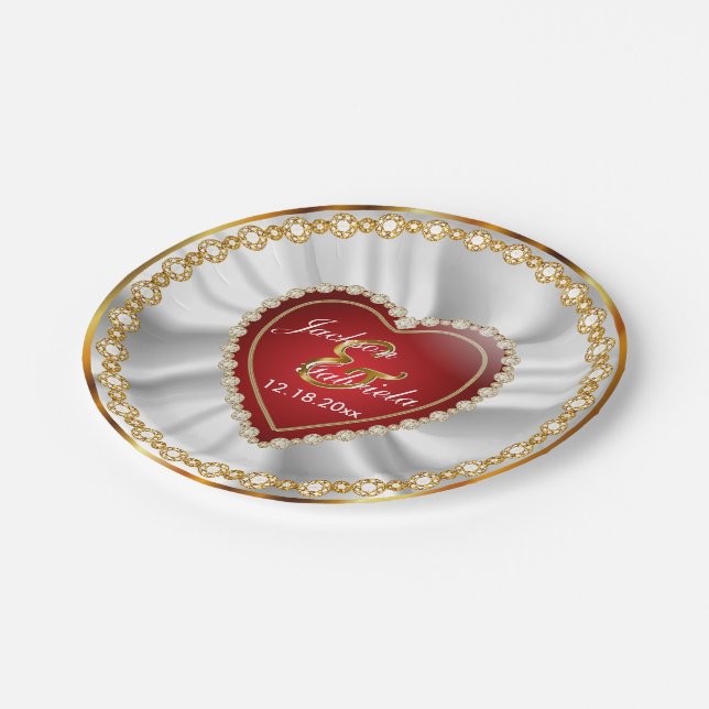 Gold, Red & Faux Diamond Wedding or Anniversary Paper Plate (Angled)