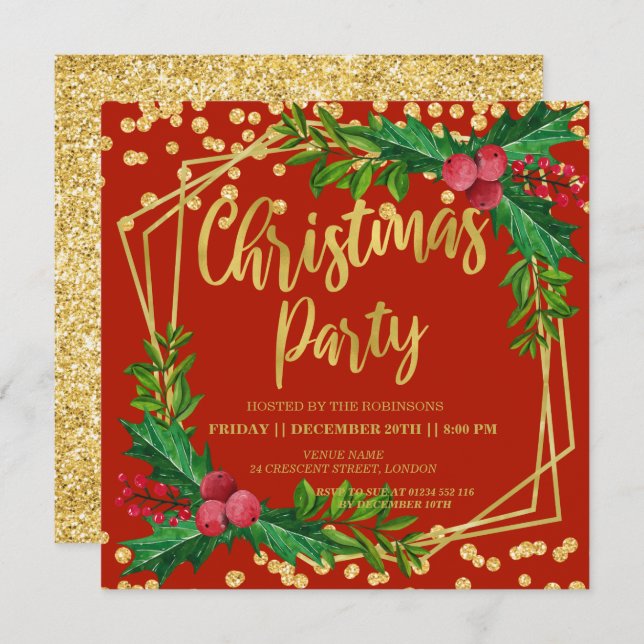 Gold Red Festive Holly Glitter Christmas Invitation (Front/Back)